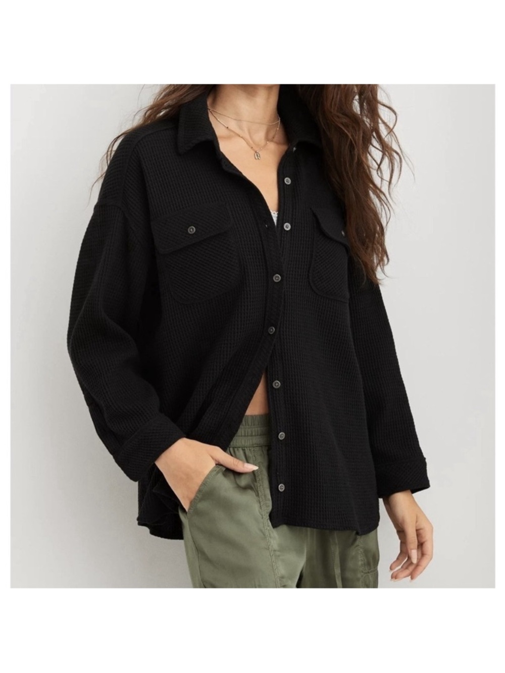 Aerie Lumberjane Waffle Knit Black Button Up Shirt Oversize Women’s Small